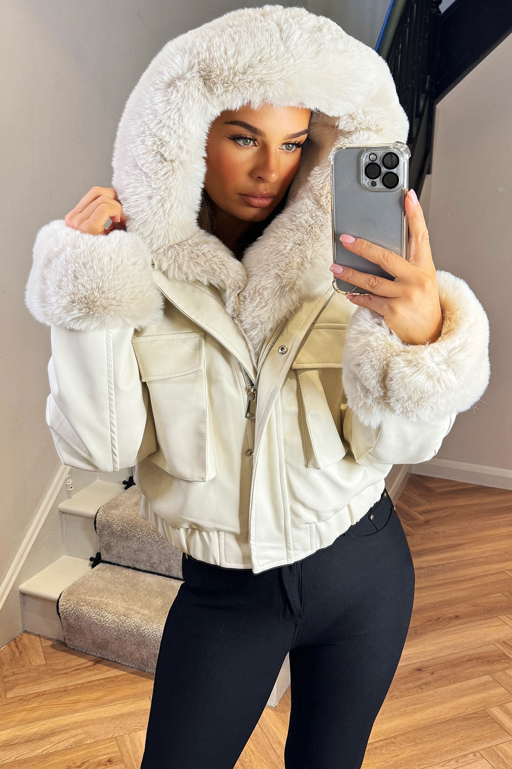 faux fur hood faux fur cuff bomber jacket womens styled up outerwear