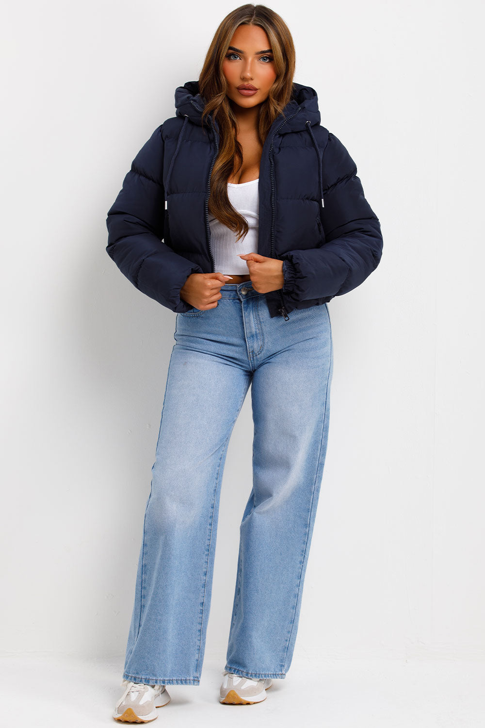 womens navy blue puffer jacket with hood styledup