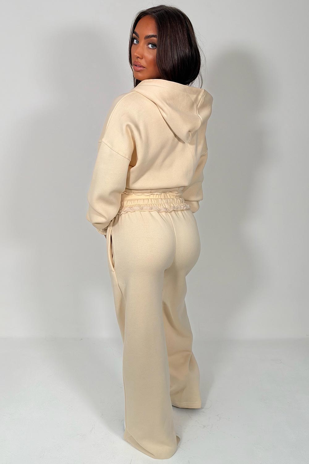 womens tracksuit distressed hem crop hoodie and wide leg trousers two piece co ord set styledup uk