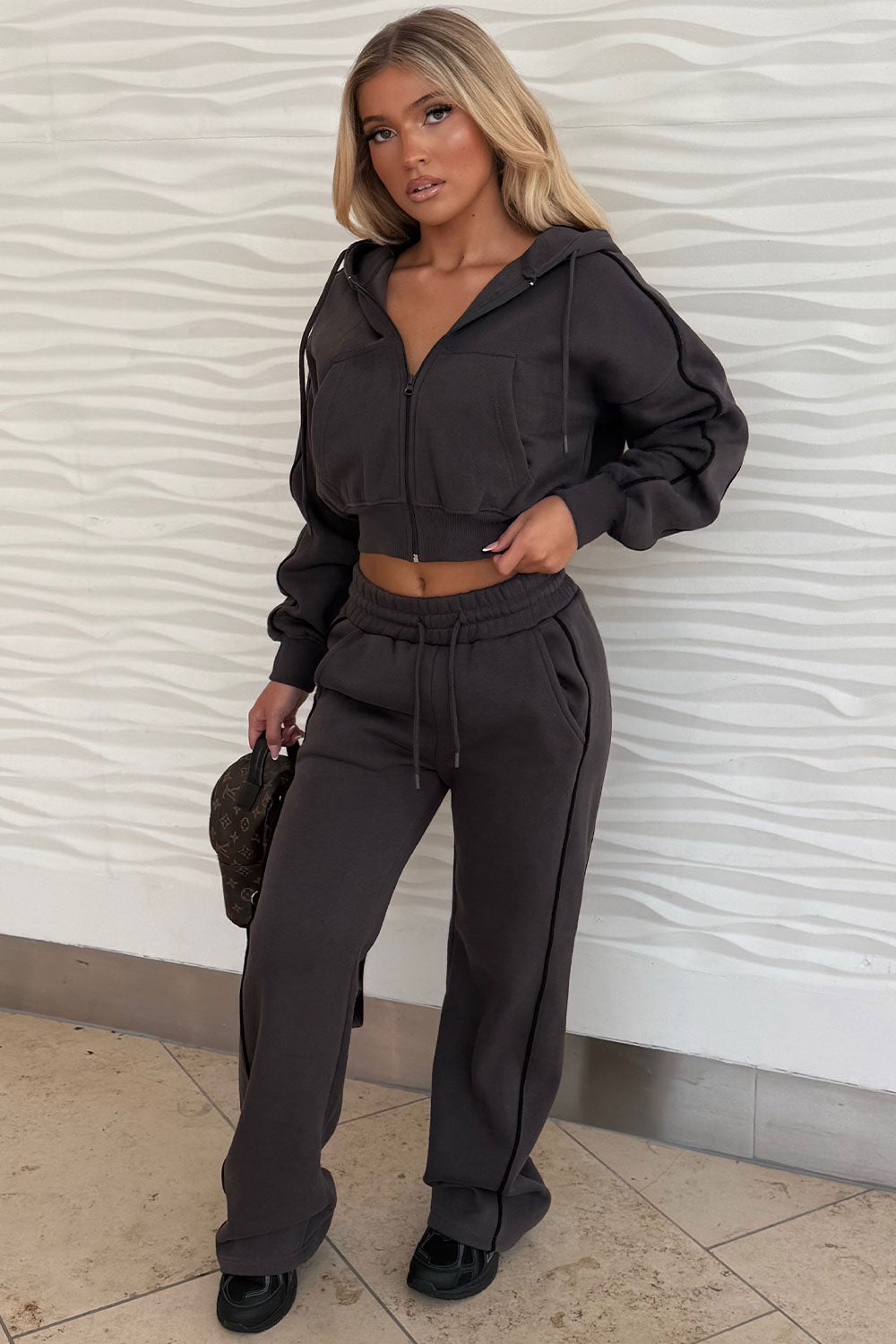 womens crop hoodie and joggers tracksuit set airport outfit styledup
