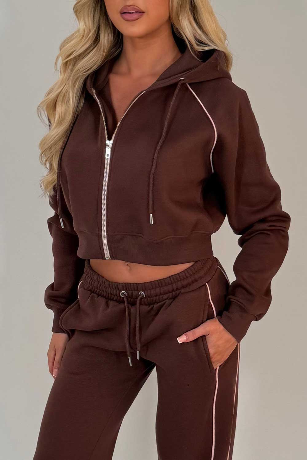 womens brown crop hoodie and joggers casual loungewear co ord set airport outfit styledup