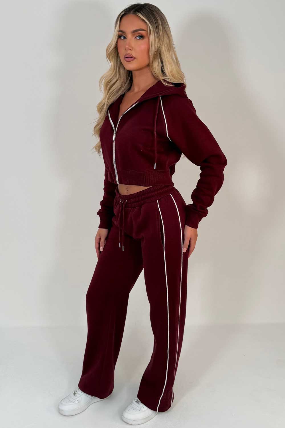womens burgundy joggers and hoodie tracksuit set two piece travel in outfit styledup uk