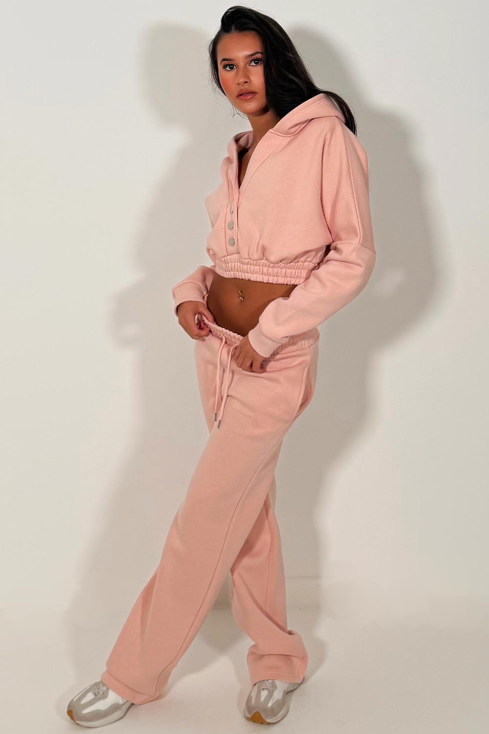 womens crop hoodie with button up front and wide leg joggers tracksuit set styledup