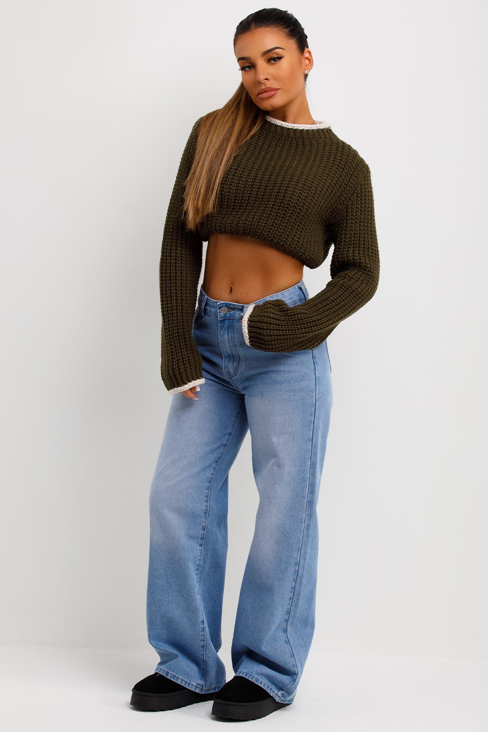 khaki knitted crop jumper long sleeve