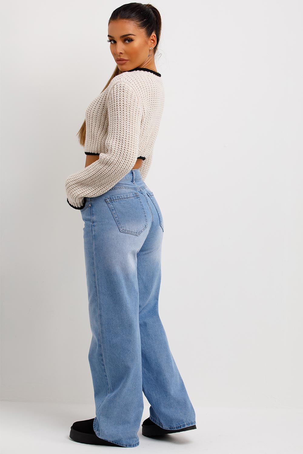 long sleeve contrast knitted jumper beige