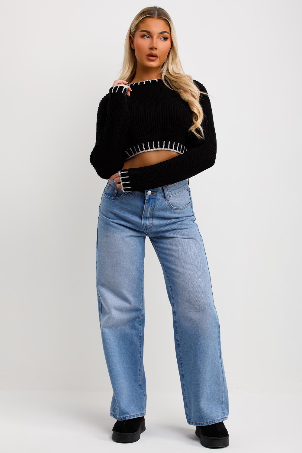 womens crop black knitted jumper blanket stitches detail