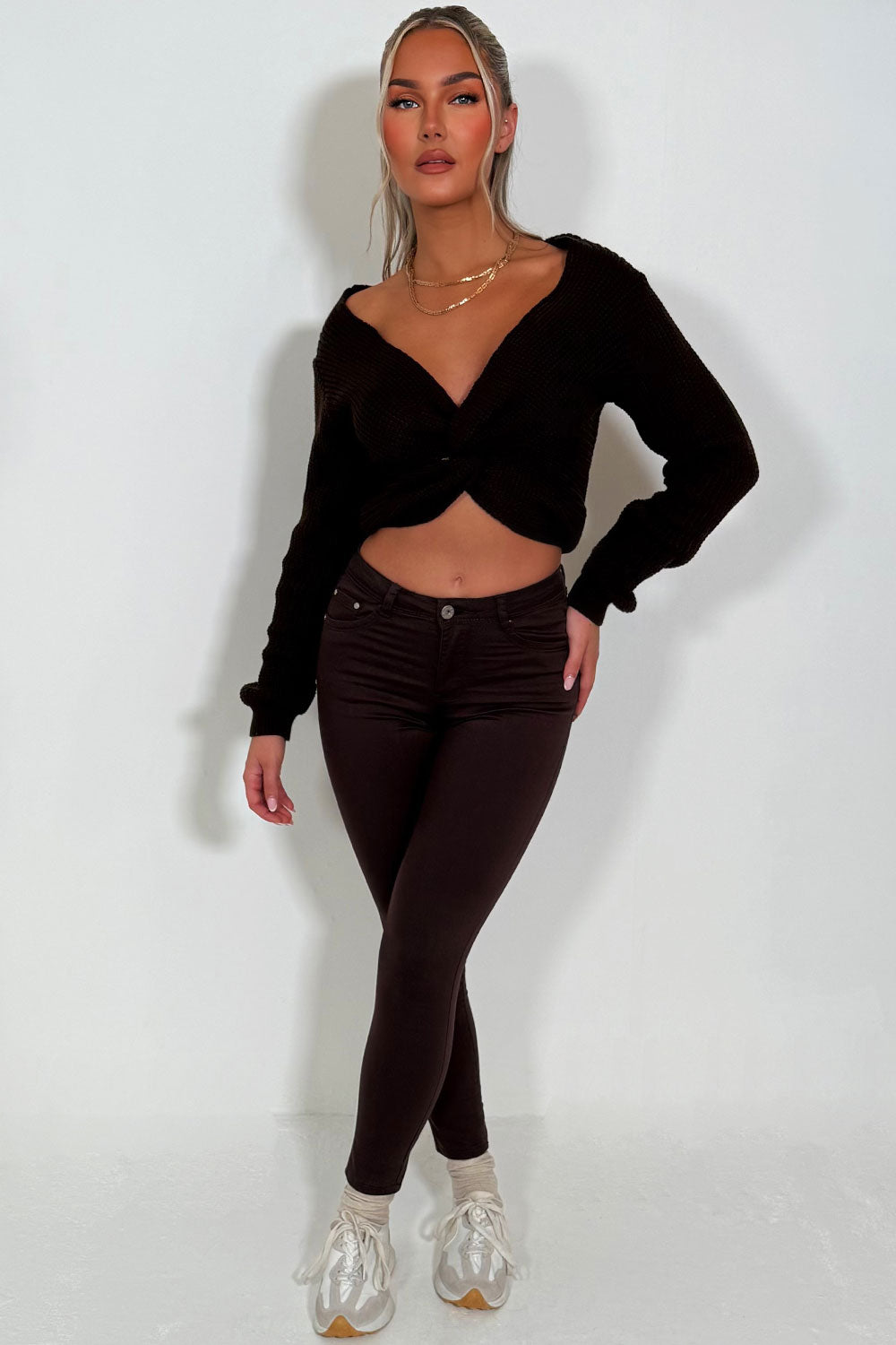 long sleeve knitted jumper with twist front womens winter top casual outfit