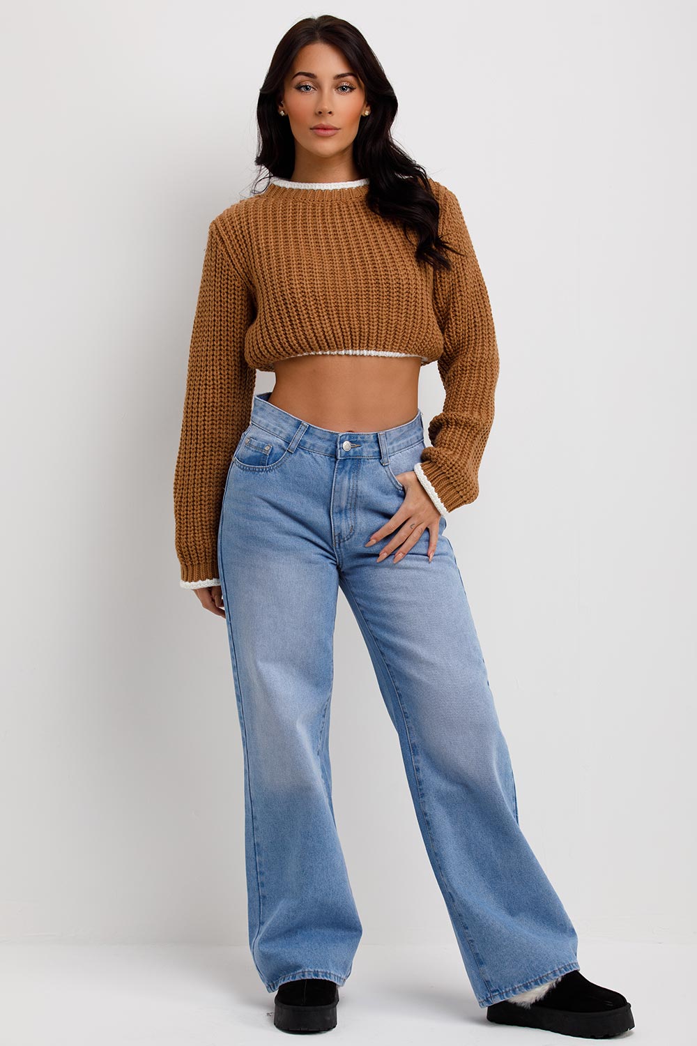 contrast edges long sleeve crop knitted jumper womens