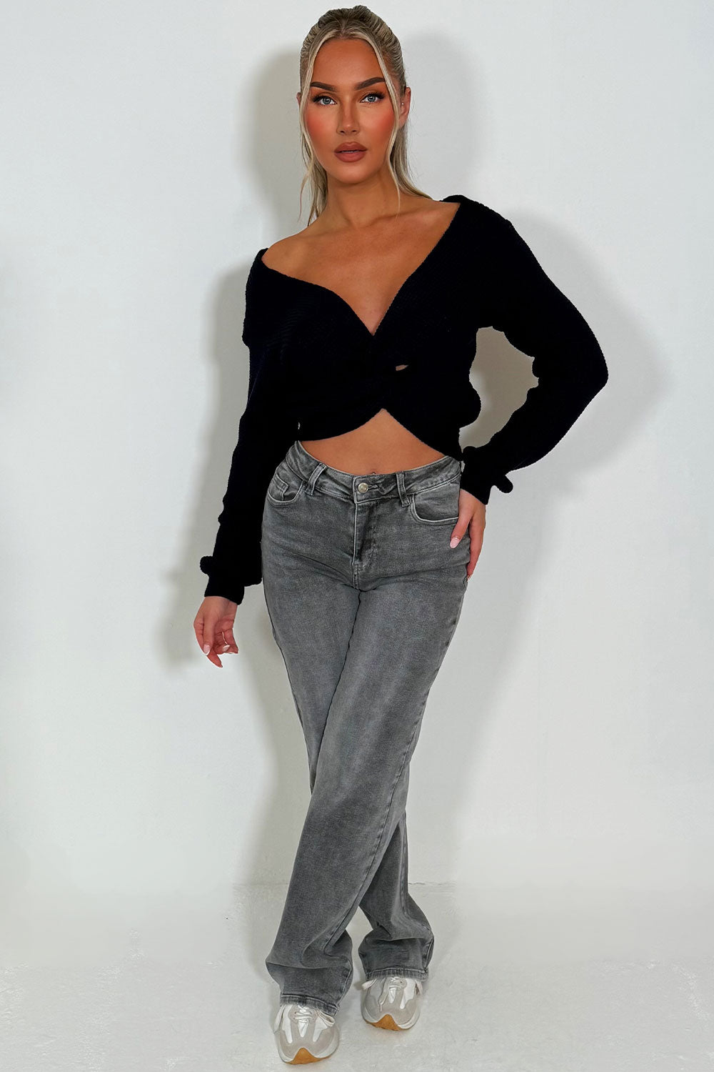 womens knitted jumper with long sleeves and twist front styledup knitwear winter top