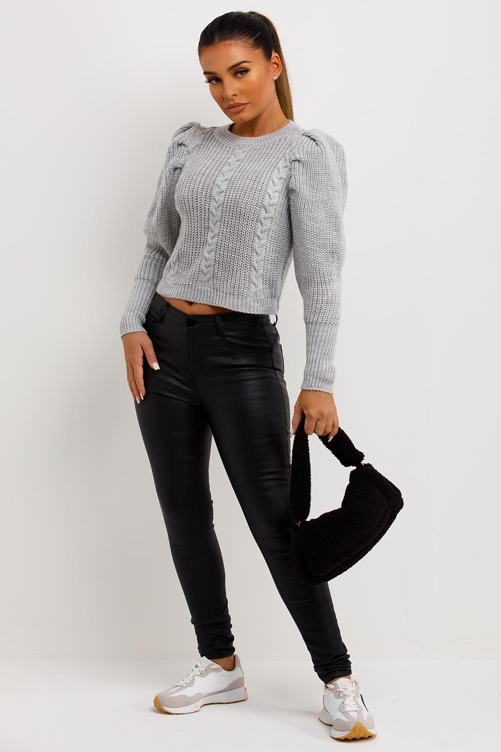 womens crop knitted puff shoulder jumper