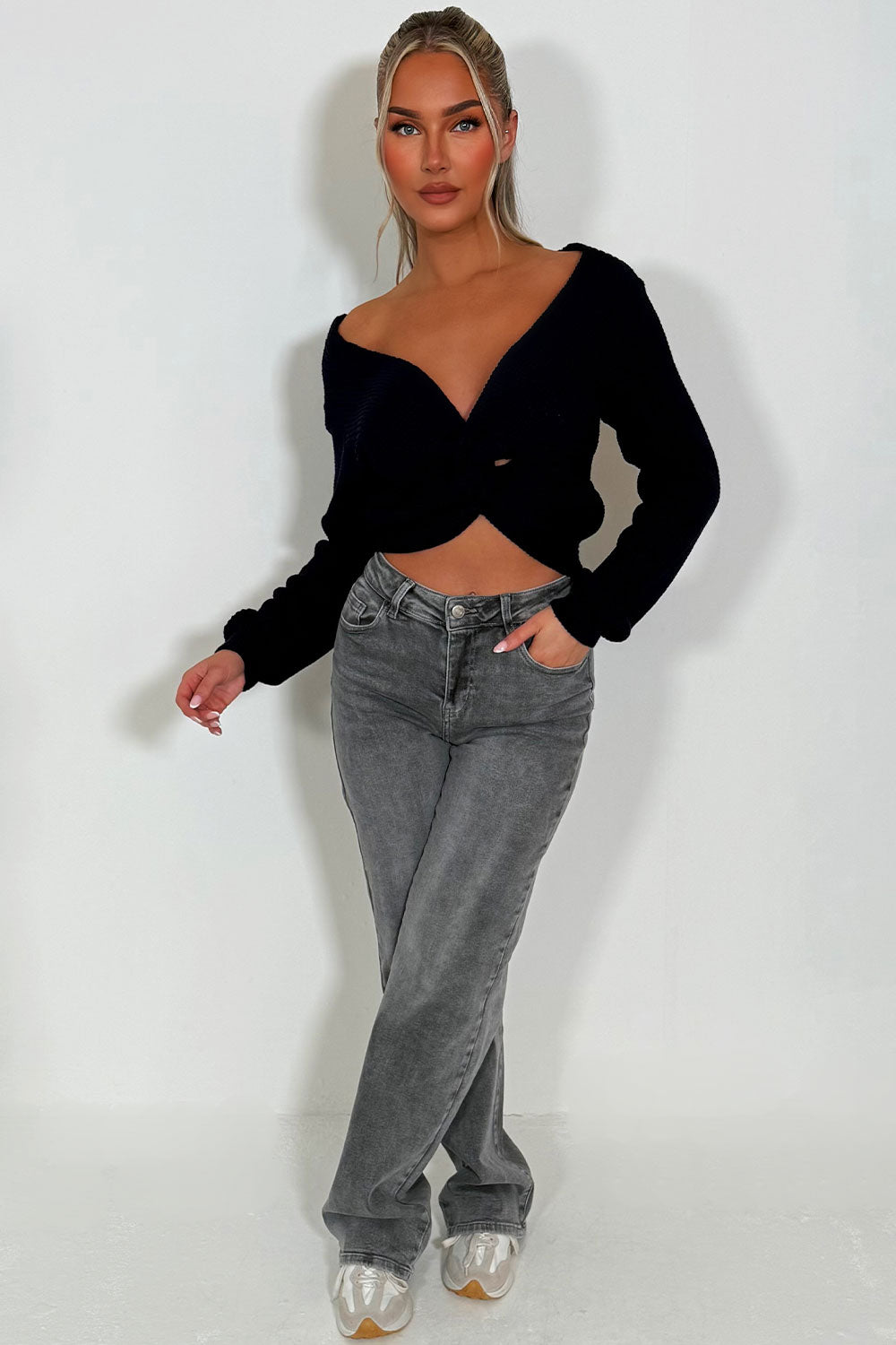 twist front long sleeve knitted jumper styledup