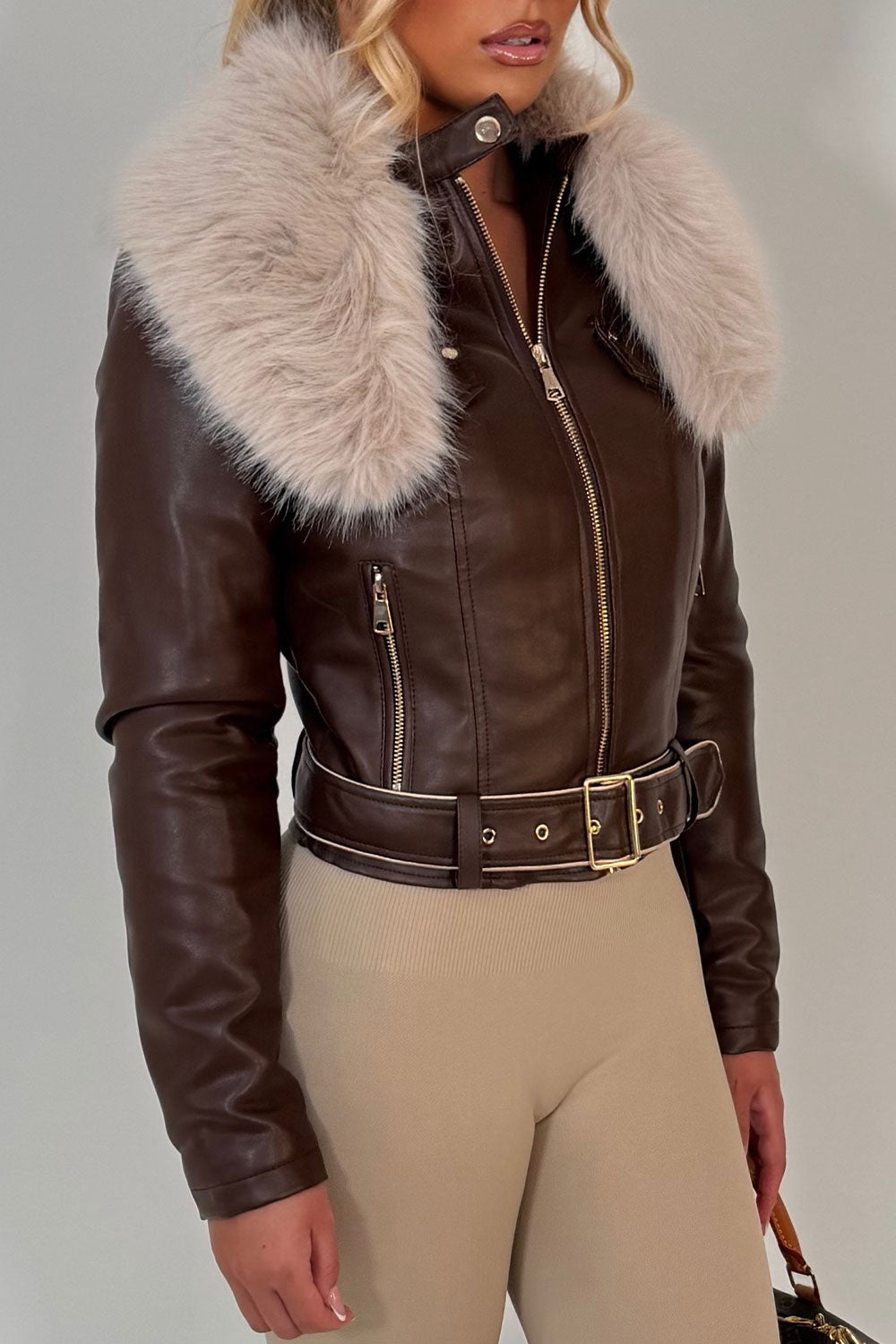 faux leather faux fur jacket with belt styledup uk