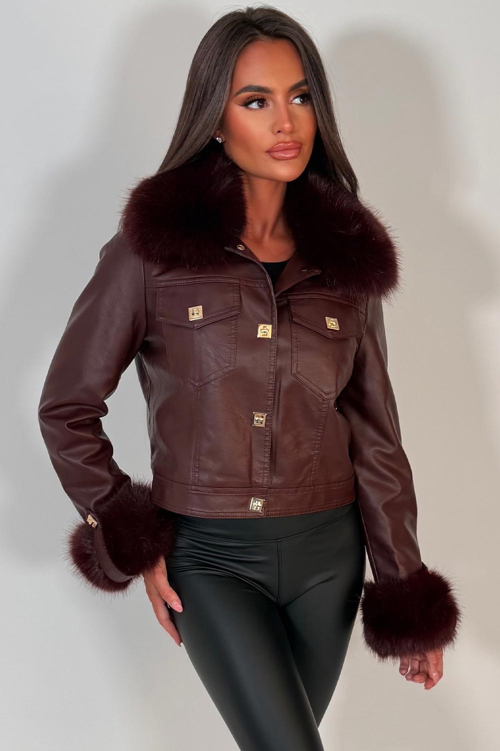 burgundy faux fur cuff collar faux leather bomber jacket womens styled up christmas party jacket outerwear