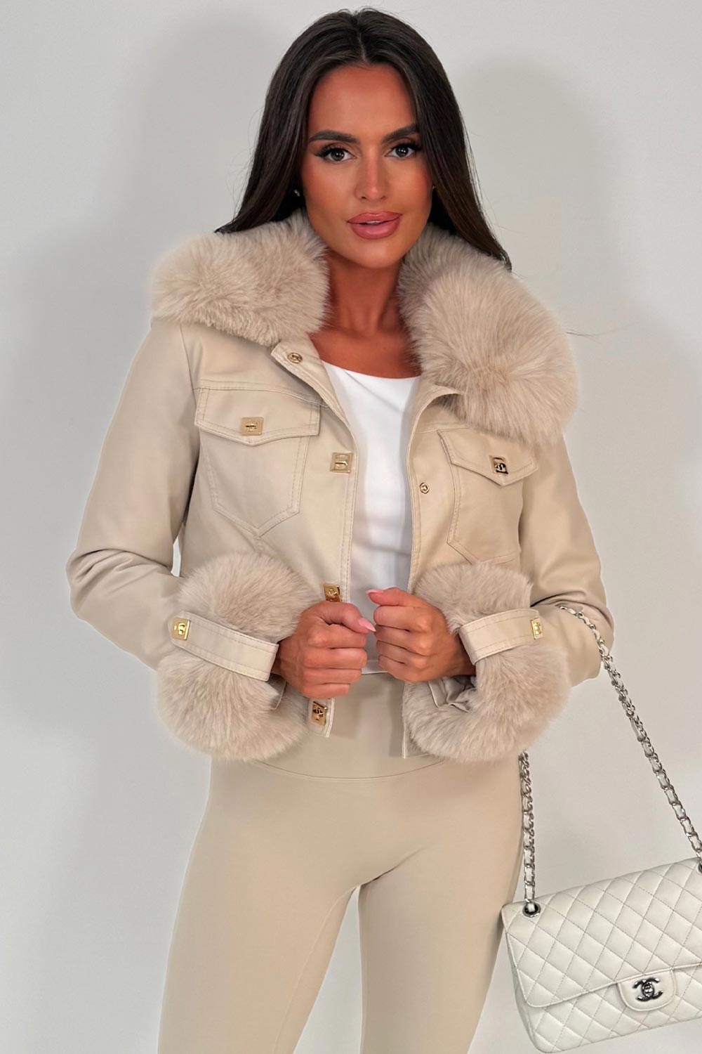 beige faux fur cuff collar faux leather bomber jacket womens styled up christmas party jacket outerwear
