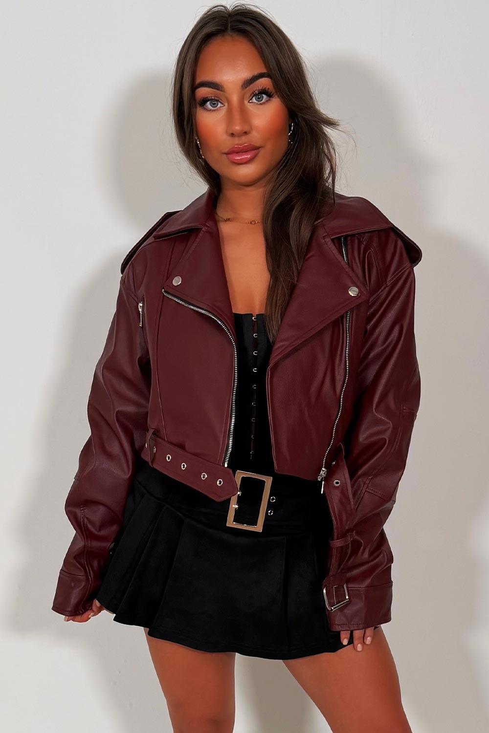 womens zara faux leather jacket with belt and lapel collars