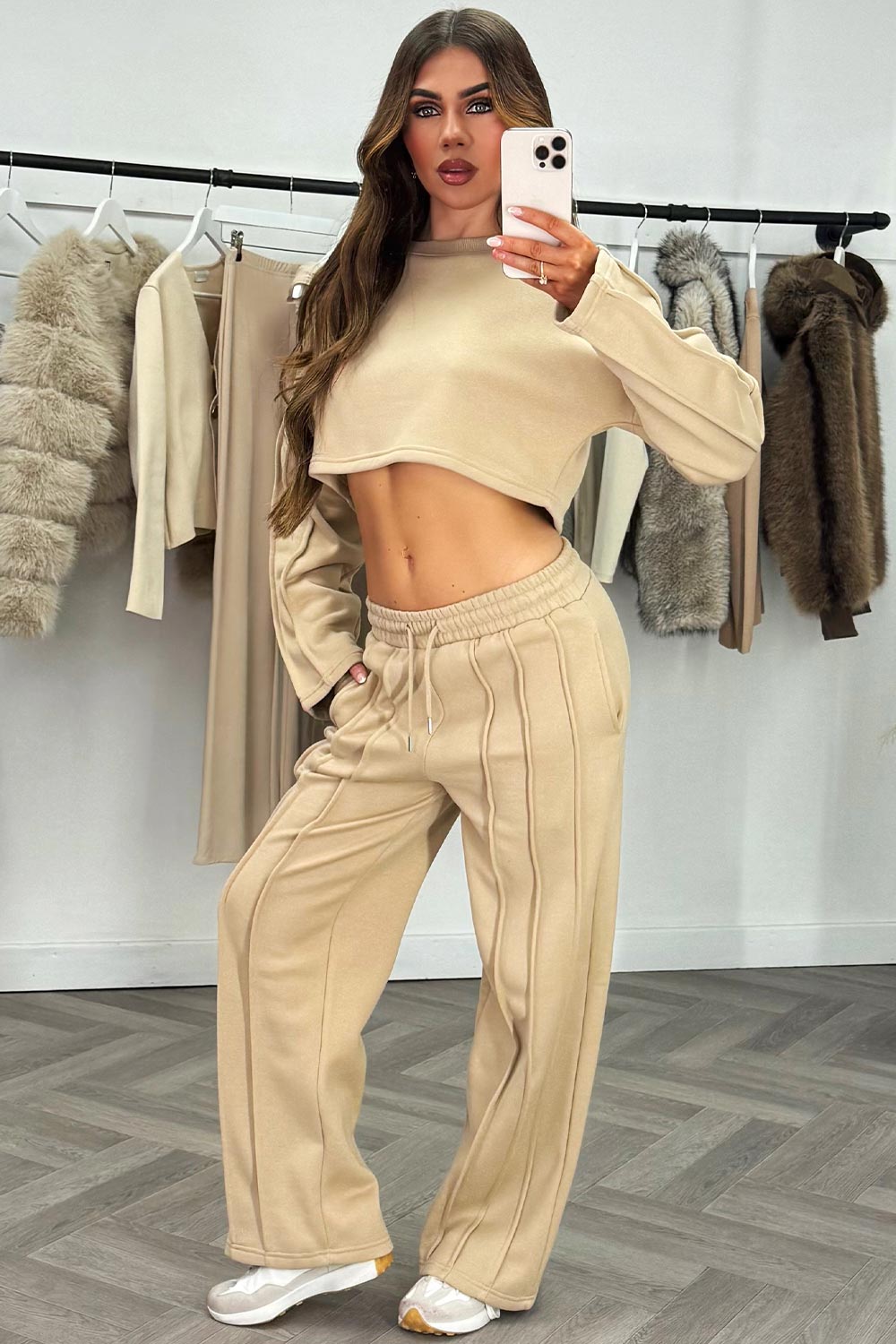 womens wide leg jogger and crop sweatshirt two piece tracksuit co ord set beige styledup