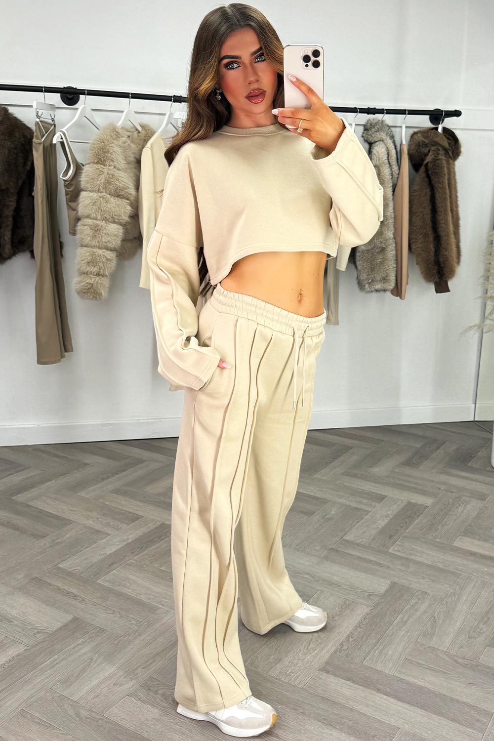 crop oversized sweatshirt and wide leg jogger tracksuit set styledup womens oatmeal co ord for everyday outfit