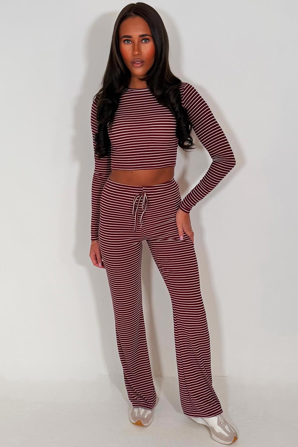 womens striped lounge set burgundy contrast striped co ord casual everyday outfit for airport styledup