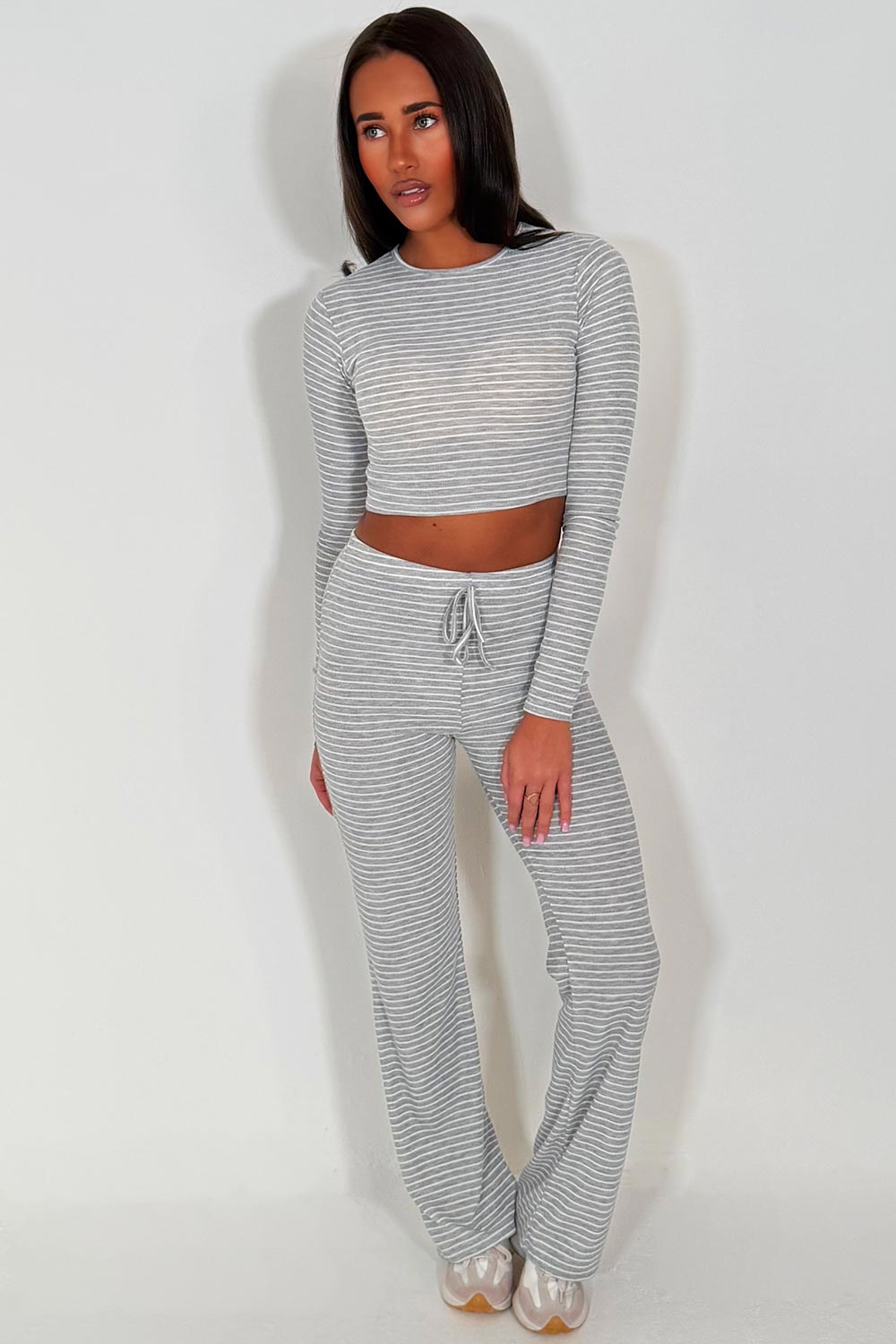 womens striped lounge set grey contrast striped co ord casual everyday outfit for airport styledup