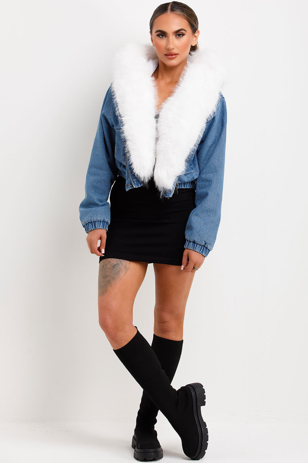 white faux fur hood denim bomber jacket styled up