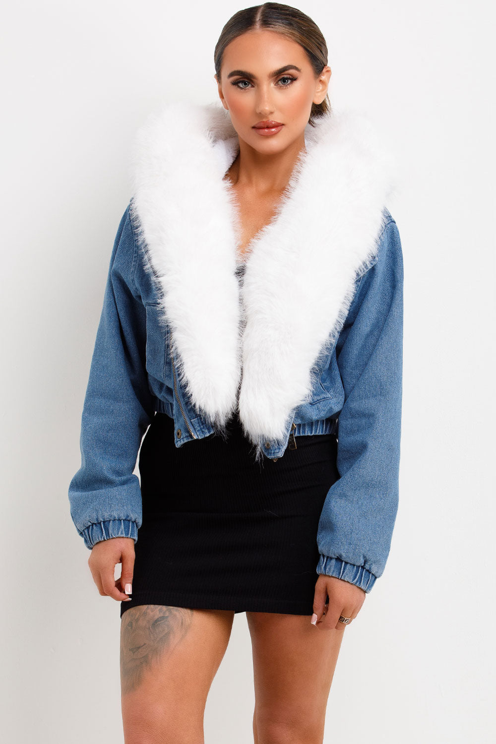 white faux fur hood and trim denim bomber jacket for womens styledup