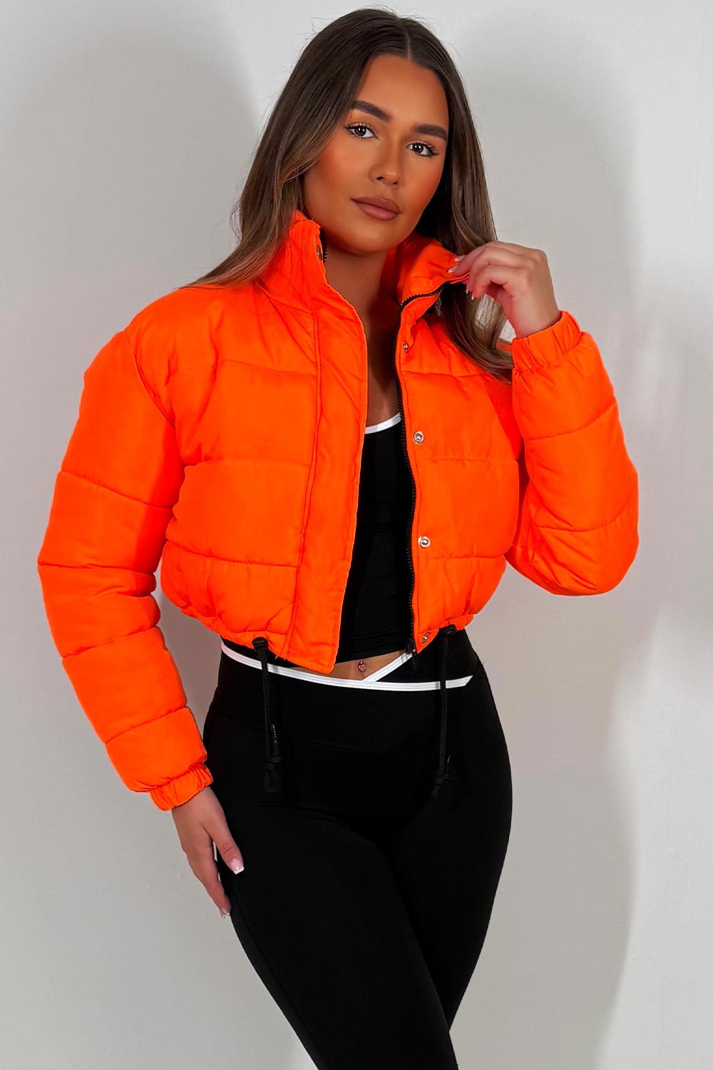 womens crop padded puffer jacket with elasticated drawstring hem bershka uk