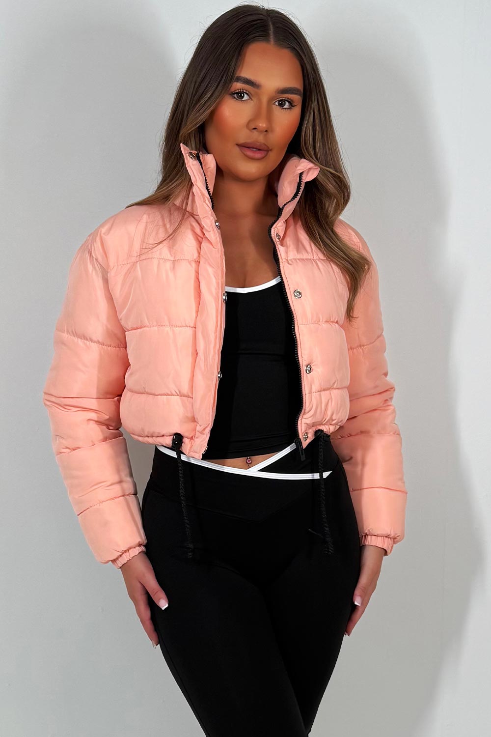 womens crop padded puffer jacket with elasticated drawstring hem bershka uk