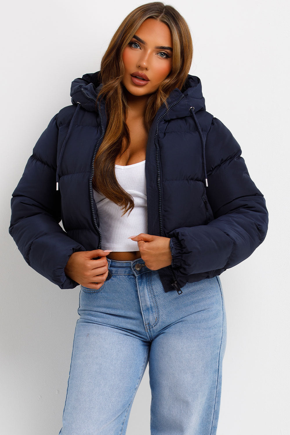navy padded puffer jacket with hood styledup