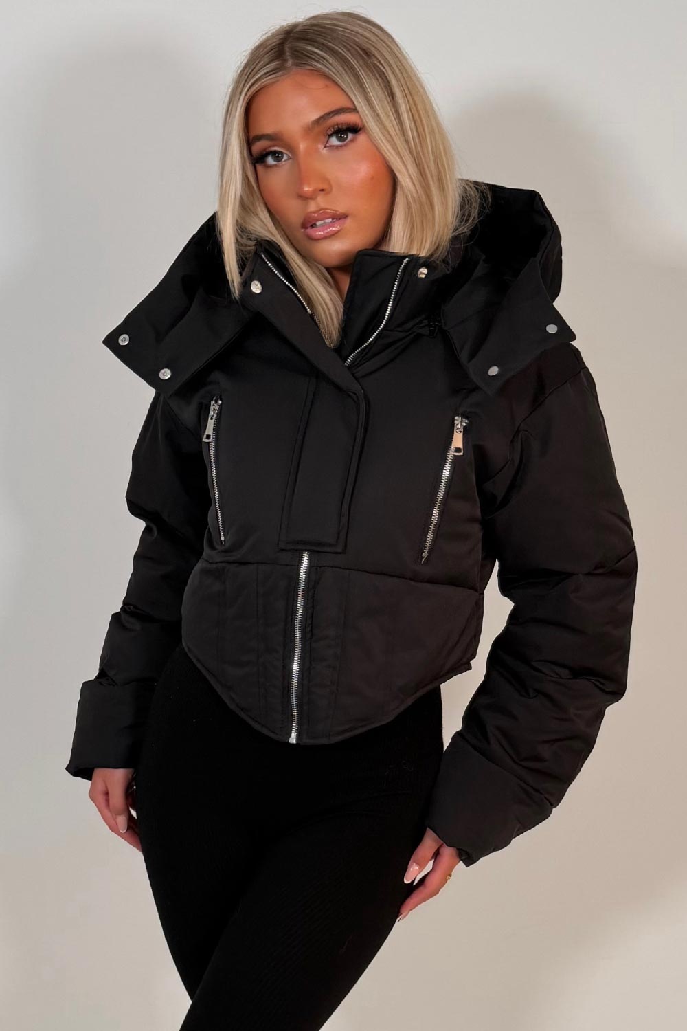 womens black padded puffer funnel neck winter ski jacket styledup uk