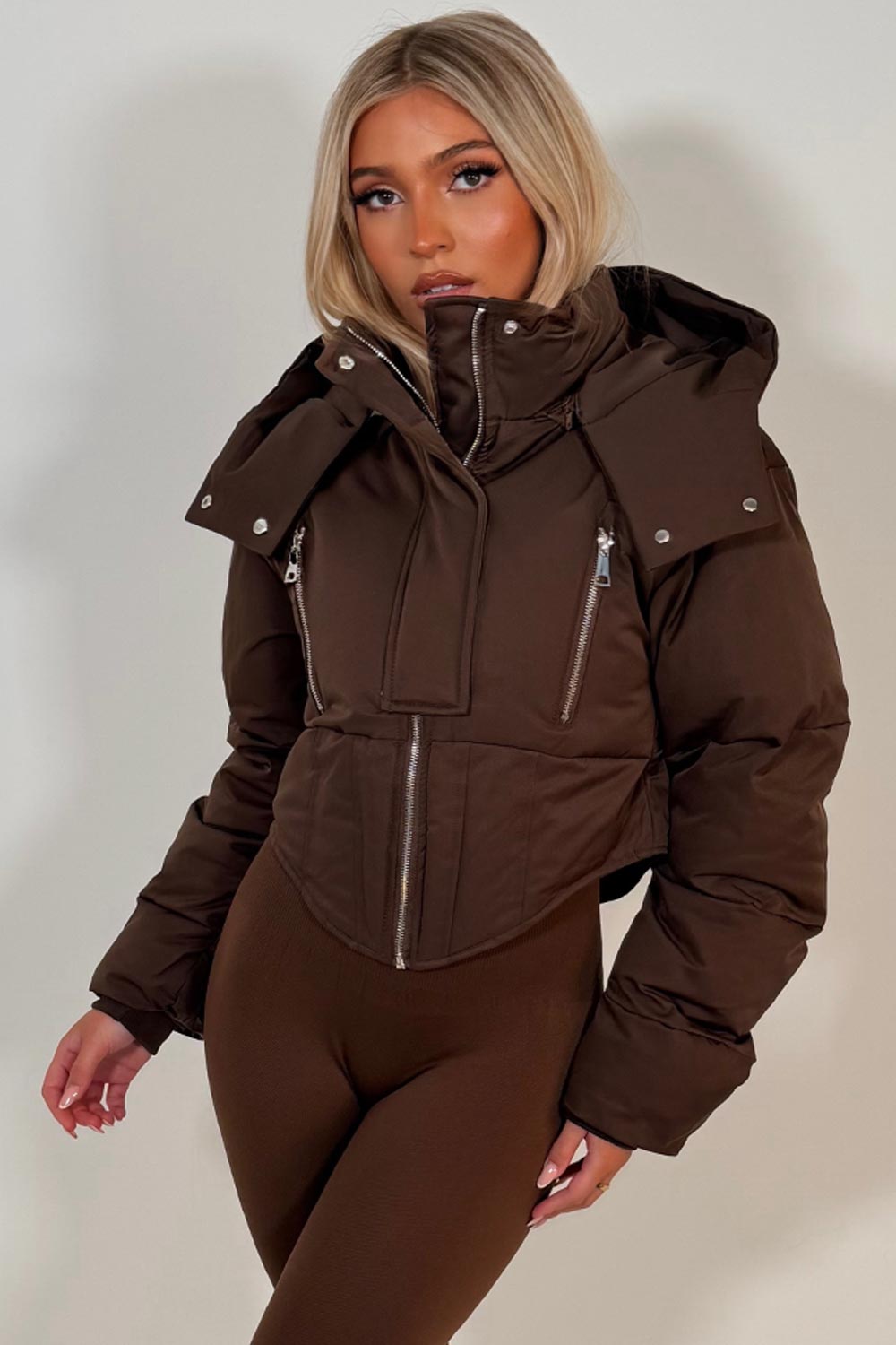 brown funnel neck padded ski jacket for winter womens uk styledup