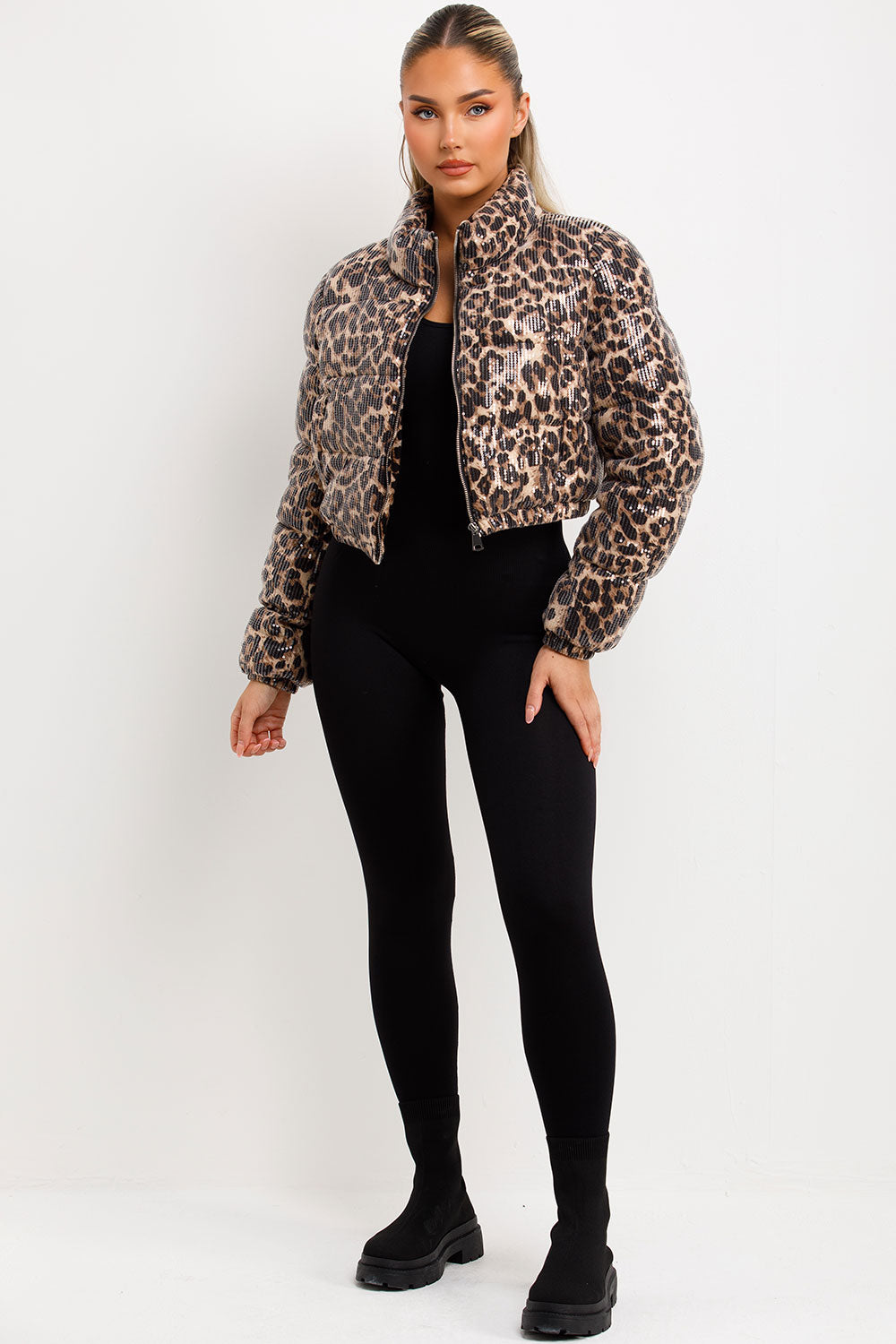 womens leopard print crop puffer winter jacket