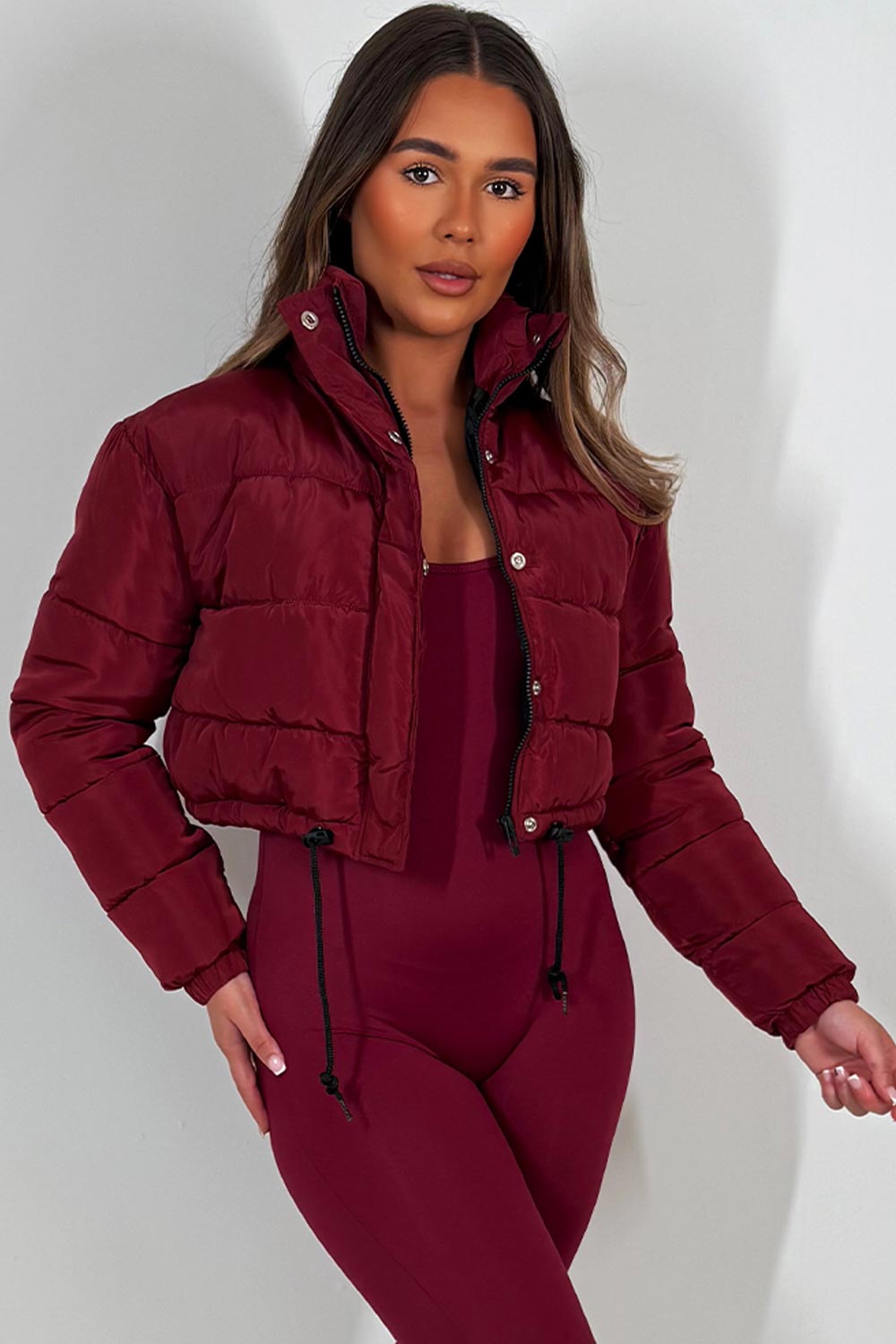 Crop Puffer Jacket With Drawstring Hem Burgundy