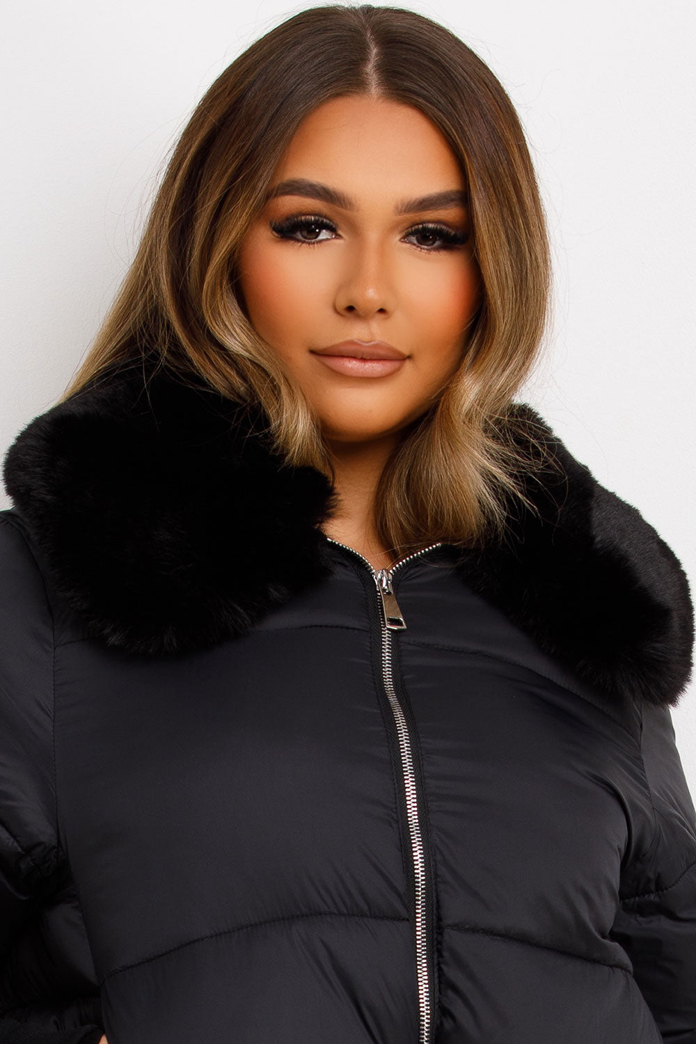 black puffer jacket with fur collar styledup fashion