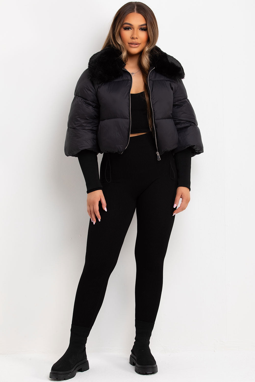 faux fur collar black puffer jacket styledup