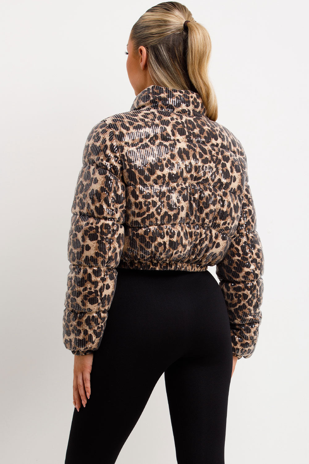 leopard print sequin puffer jacket womens styledup