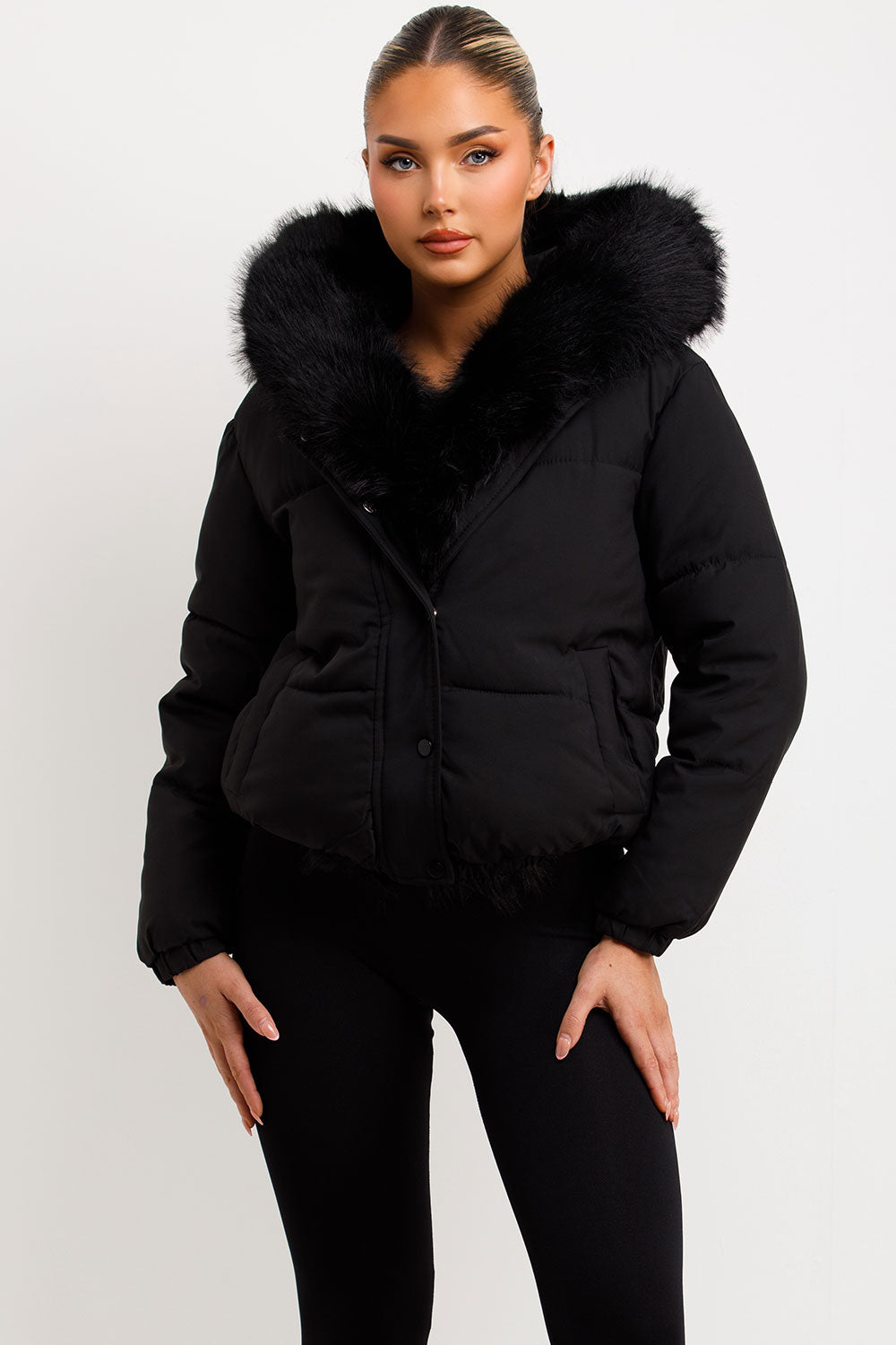 womens faux fur hood and trim padded bomber jacket