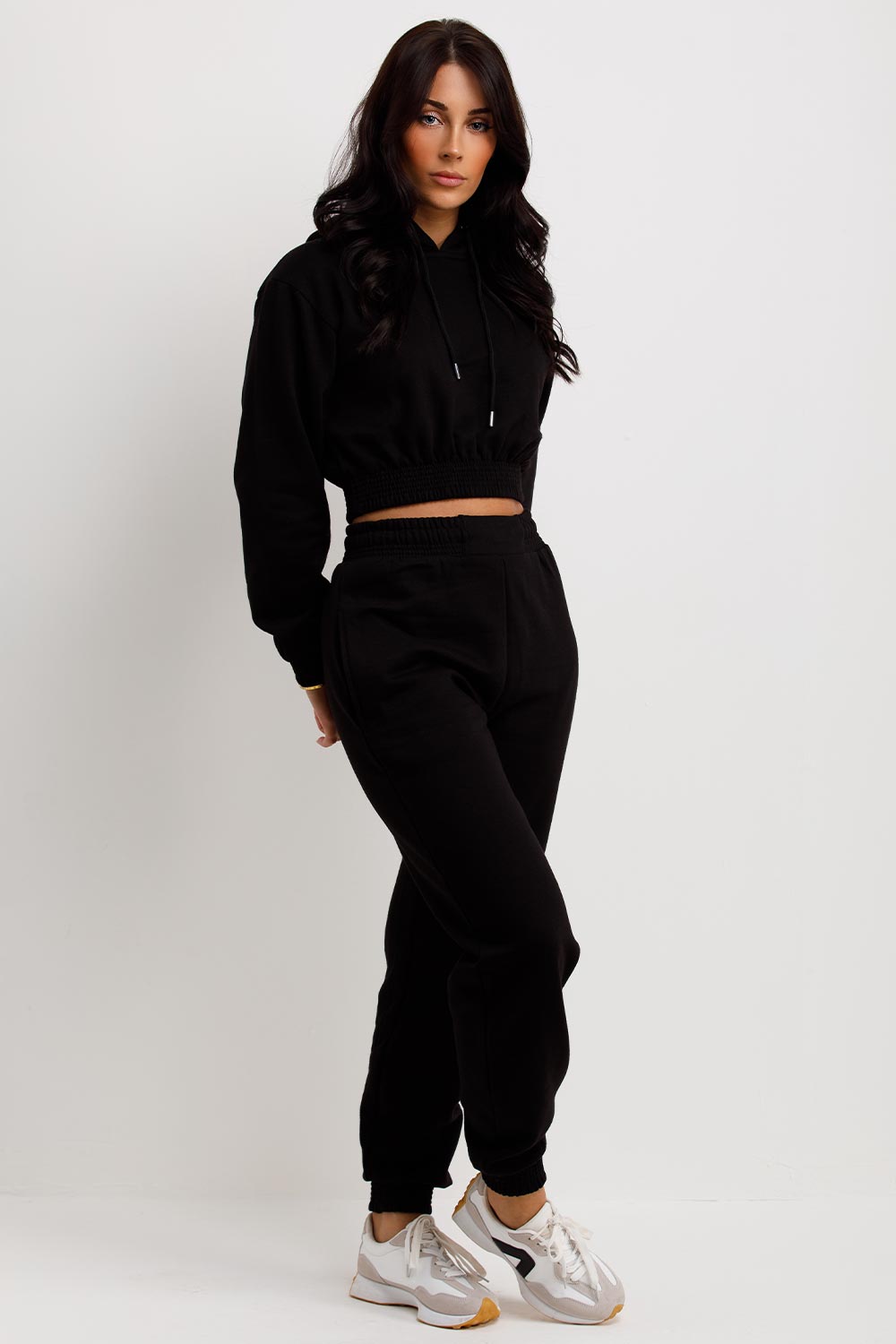 womens black tracksuit crop sweatshirt and sweatpants co ord