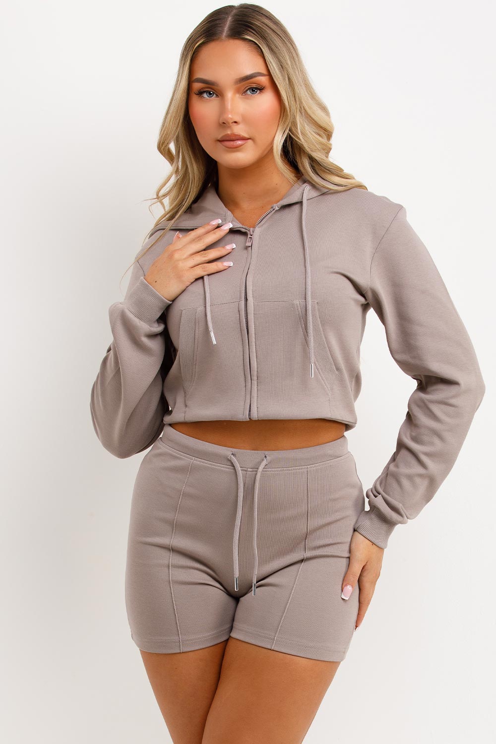 interlock sweatshirt and shorts tracksuit two piece loungewear set