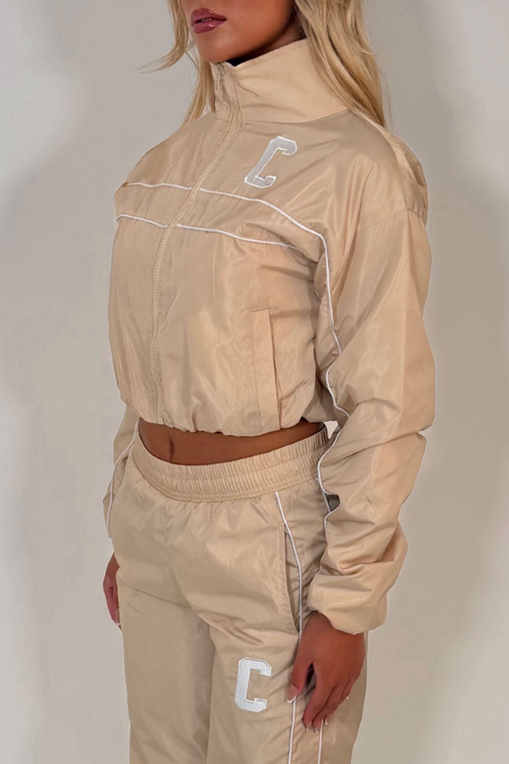 womens crop jacket and track trousers two piece co ord set beige styledup