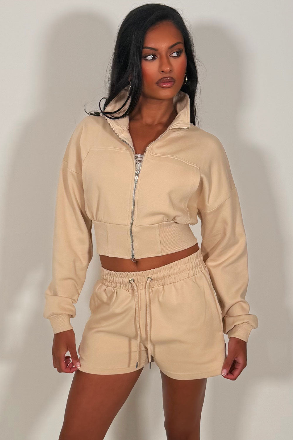 zara womens zip up plush jacket and shorts tracksuit summer holiday outfit styledup uk