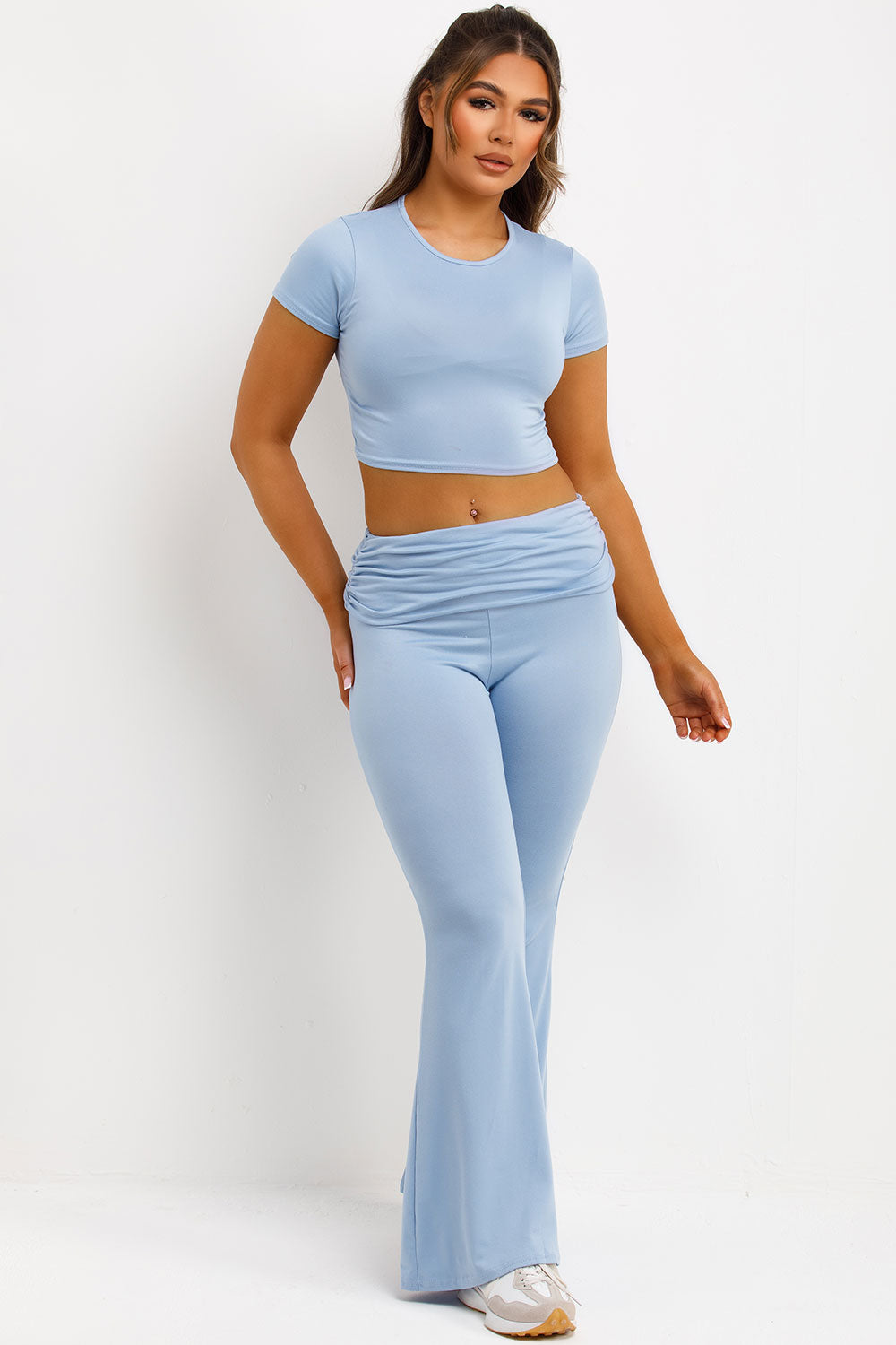 fold over flared trousers and crop top co ord set casual summer outfit