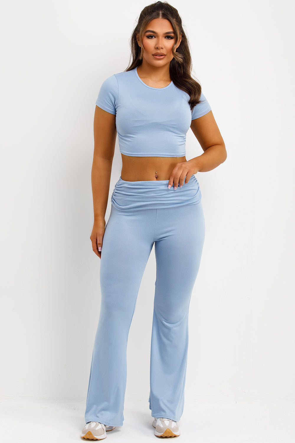 fold detail flared trousers and crop top co ord set sky blue