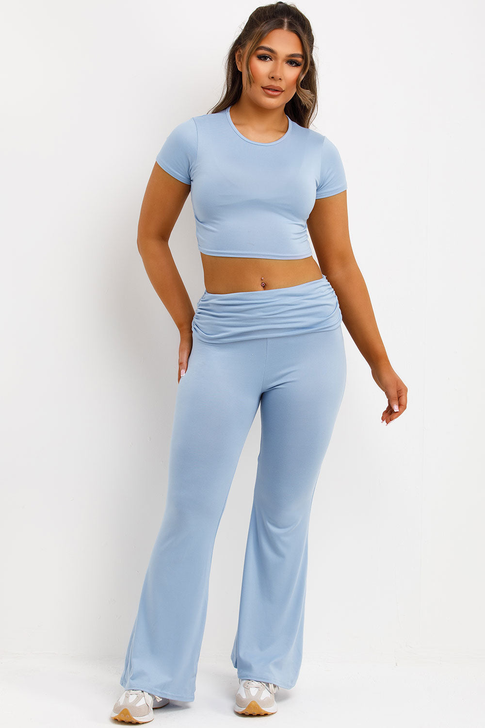 fold over hem flared trousers and crop top co ord set baby blue