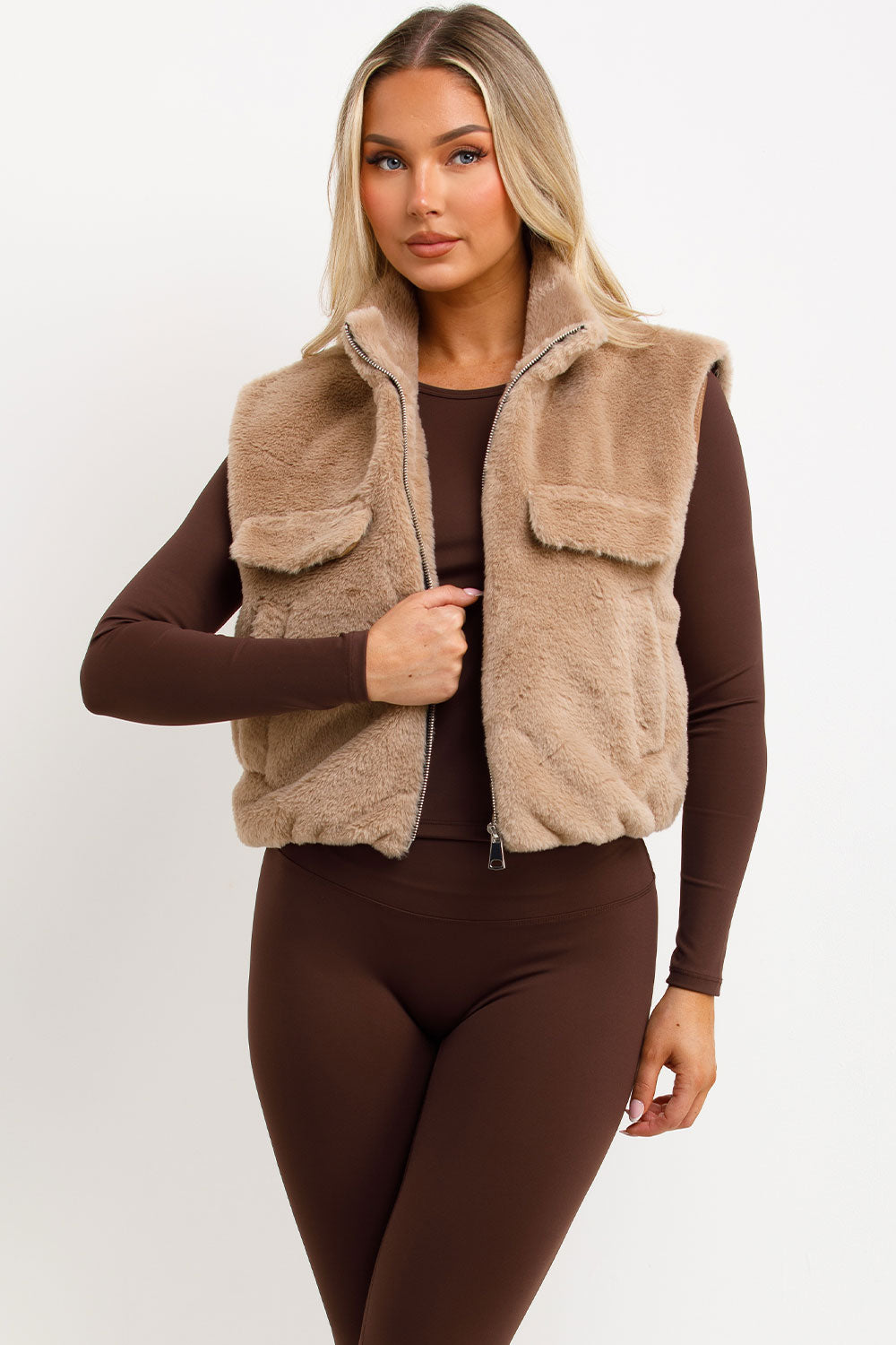 womens crop teddy gilet