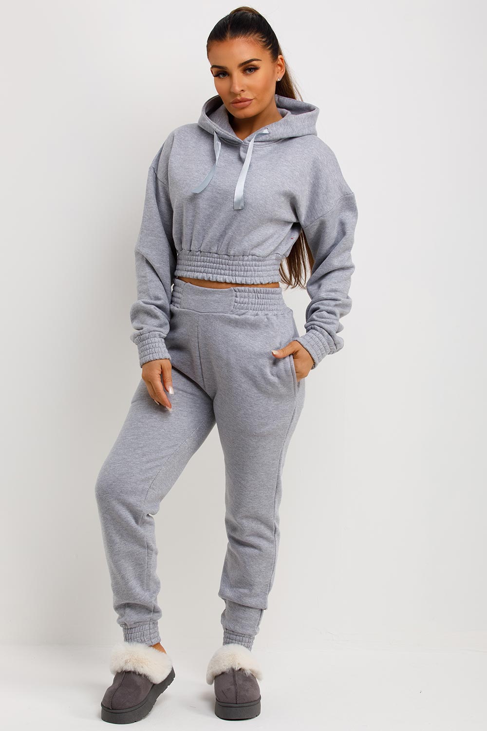 womens tracksuit cropped grey lounge set