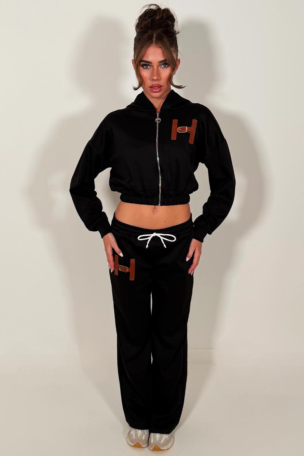 womens tracksuit zip up crop hoodie and wide leg joggers two piece co ord set styledup