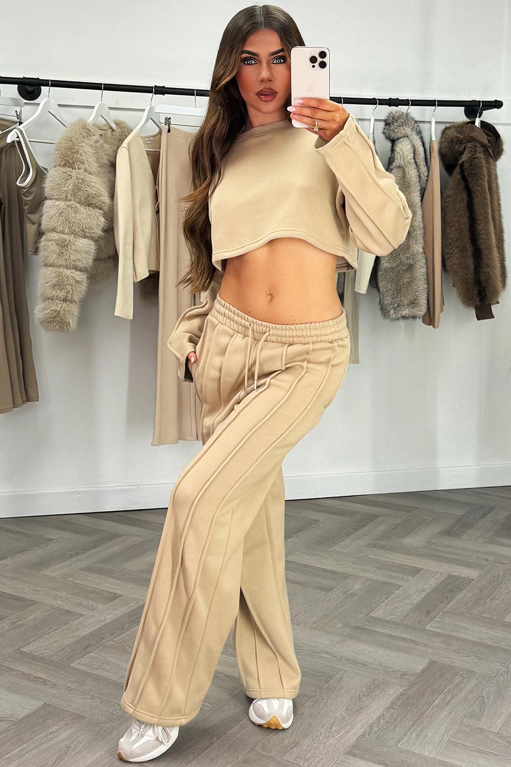 wide leg jogger and crop oversized sweatshirt tracksuit for womens everyday outfit beige