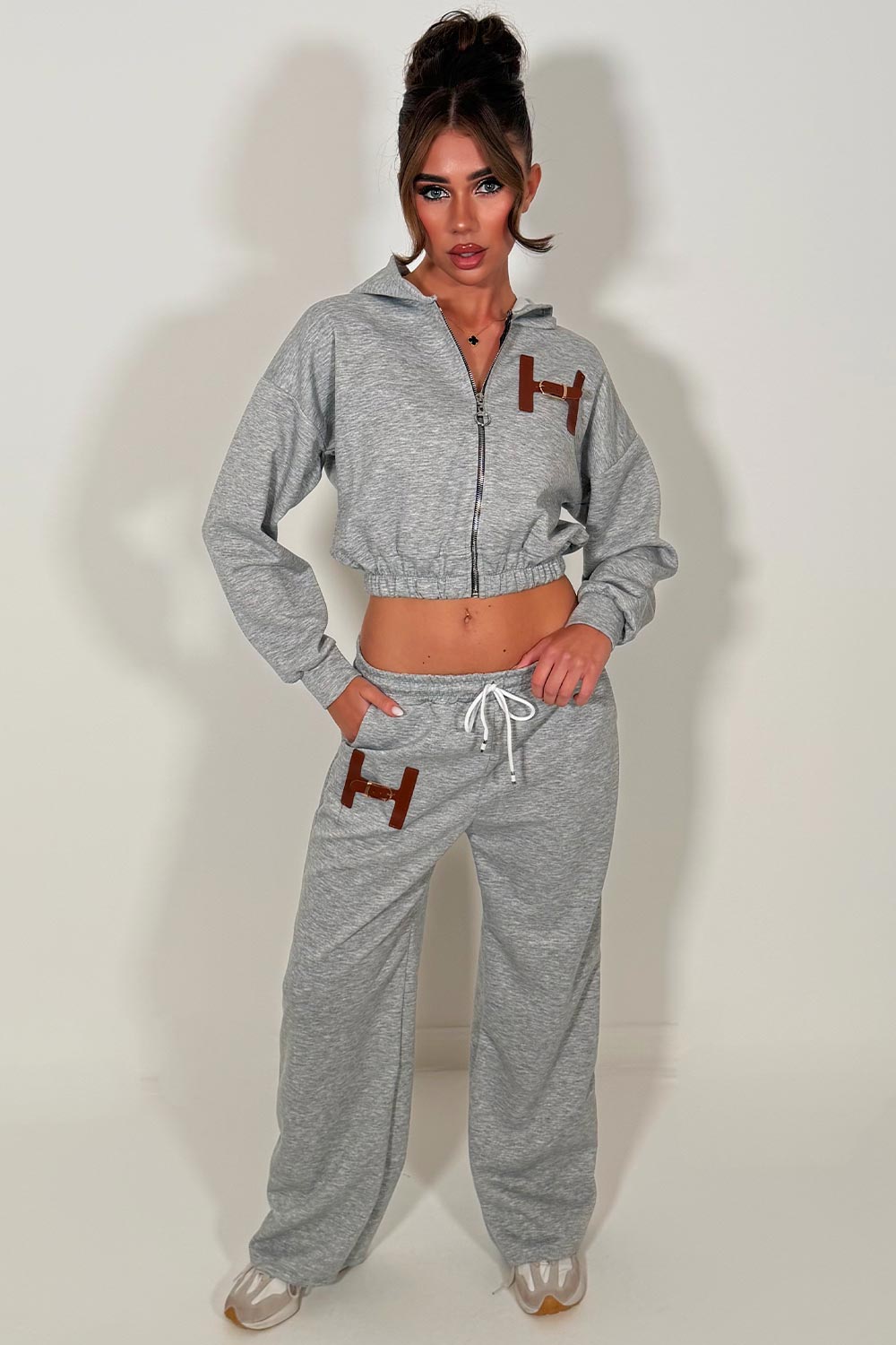 womens tracksuit zip up crop hoodie and wide leg joggers two piece co ord set styledup