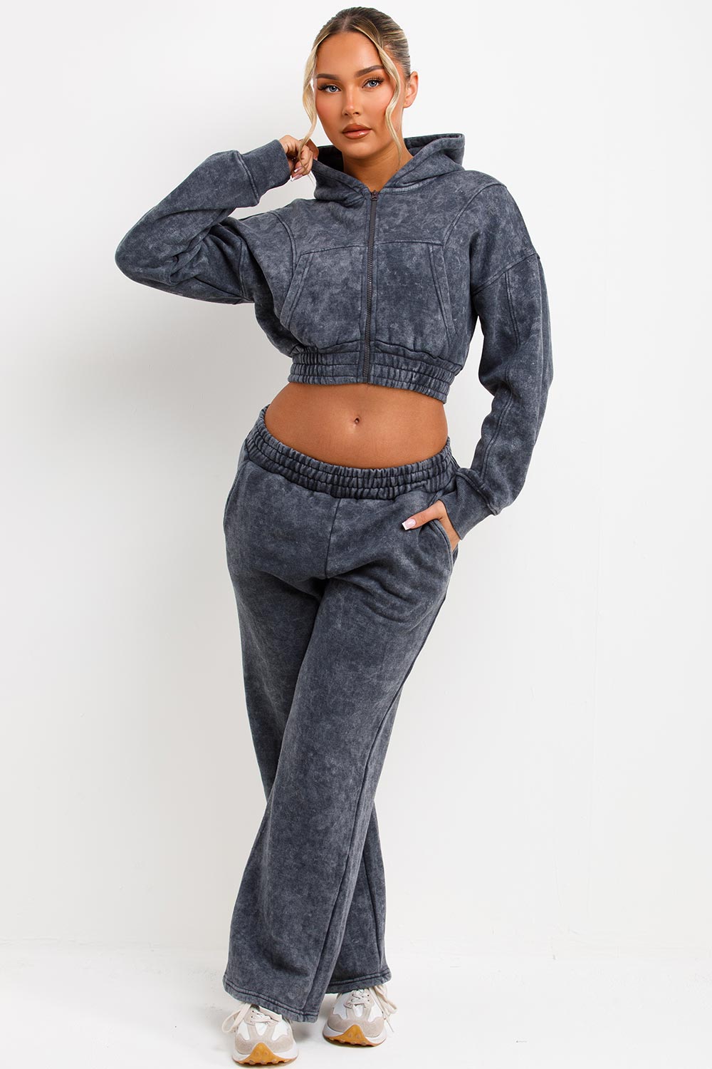 acid wash grey crop zip through hoodie and wide leg joggers tracksuit set womens loungewear co ord