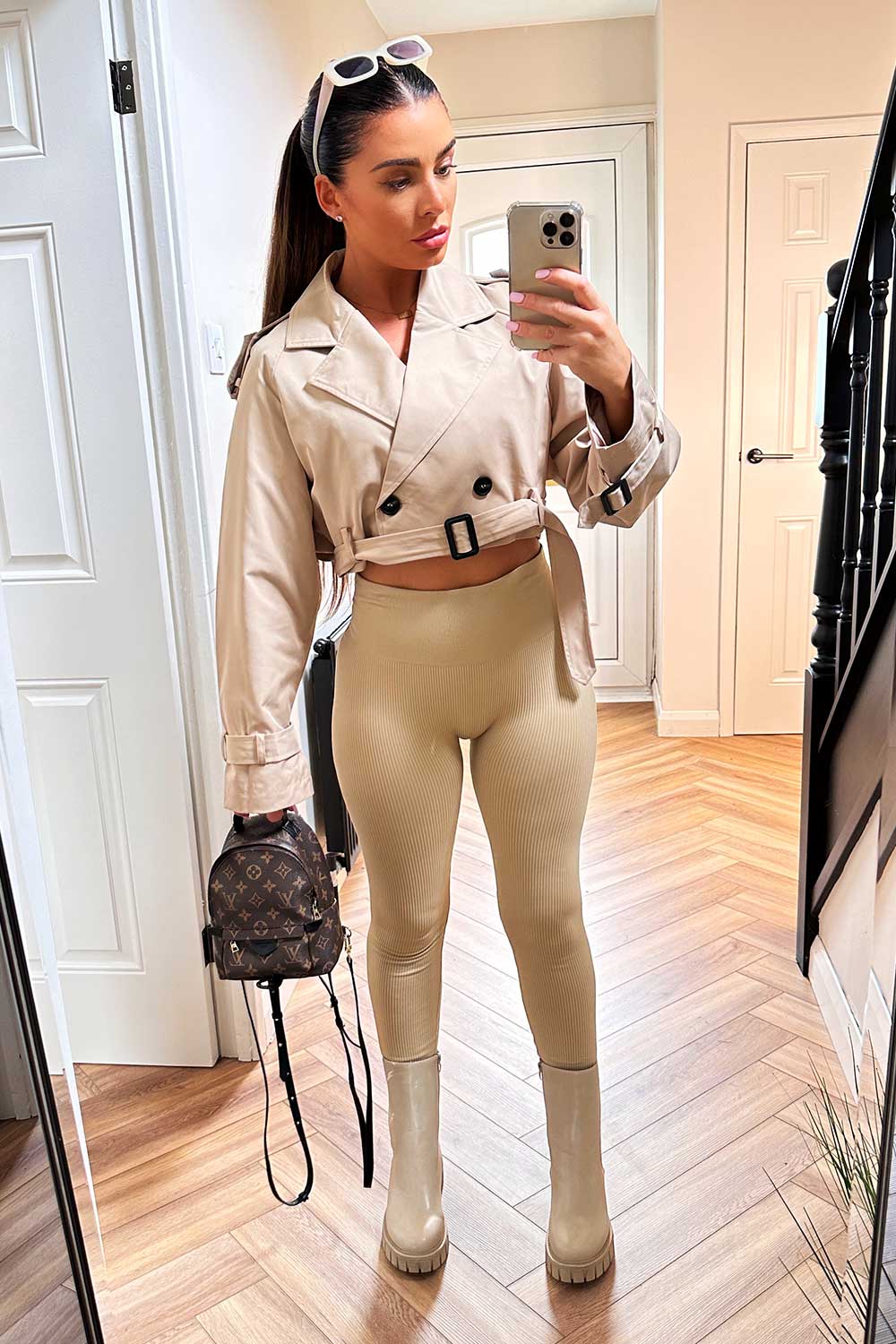 womens beige crop trench coat with belt